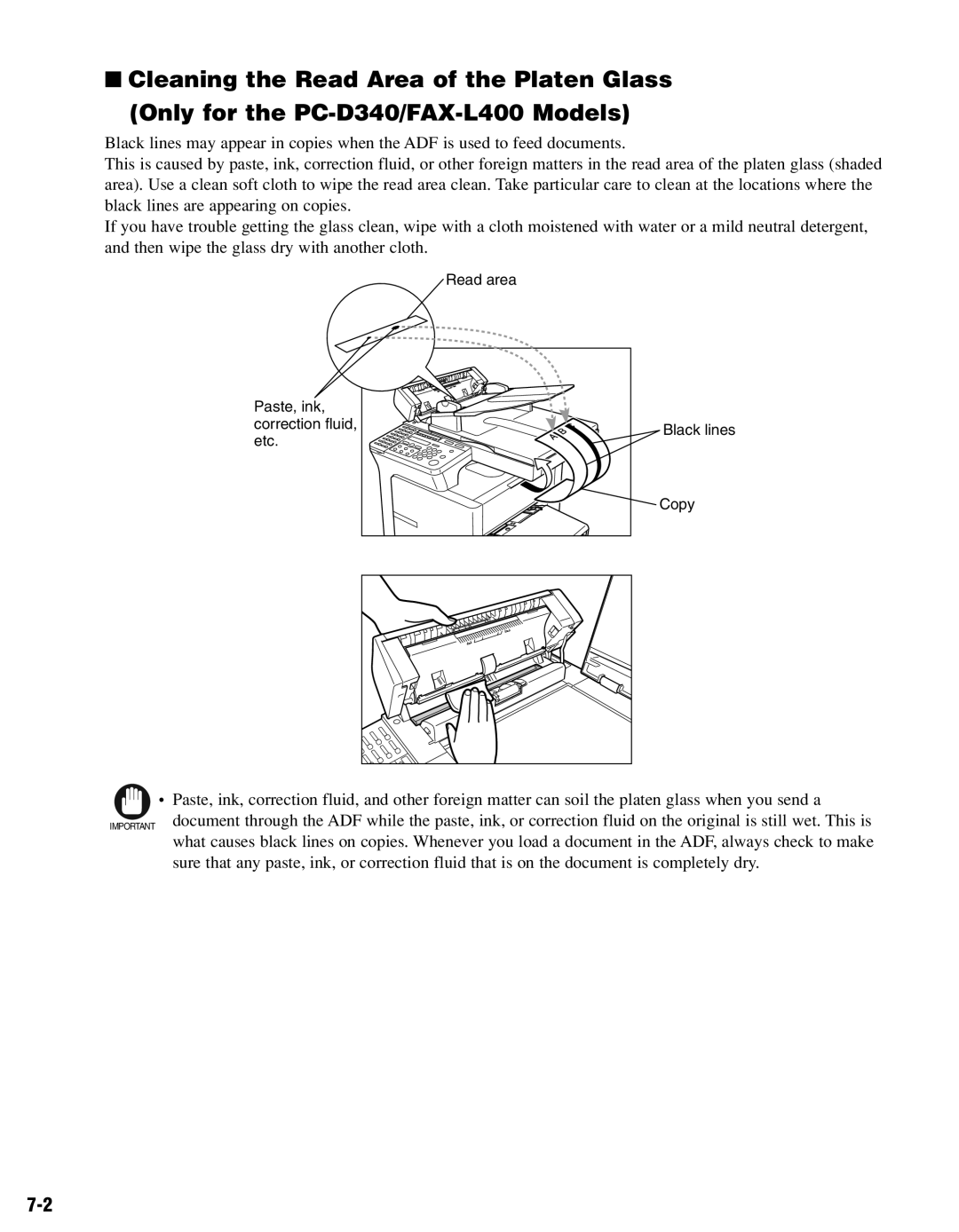 Canon PC-D320, PC-D340 manual Read area Paste, ink Correction fluid Black lines Etc Copy 