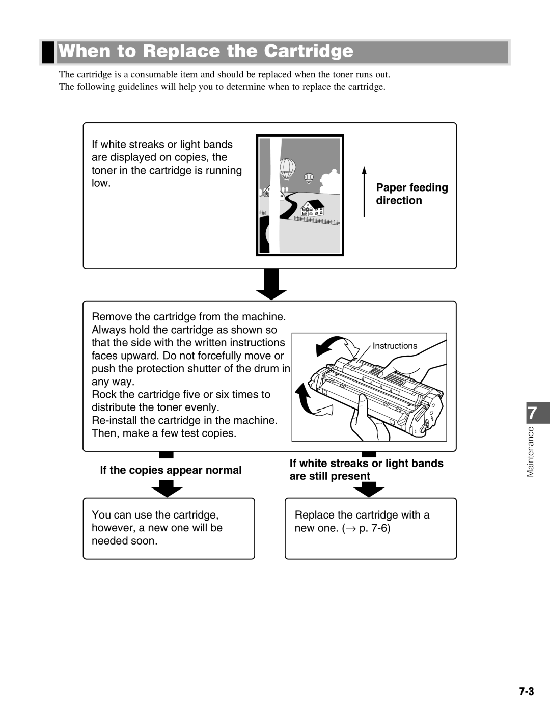 Canon PC-D340, PC-D320 manual When to Replace the Cartridge, Paper feeding direction, If the copies appear normal 