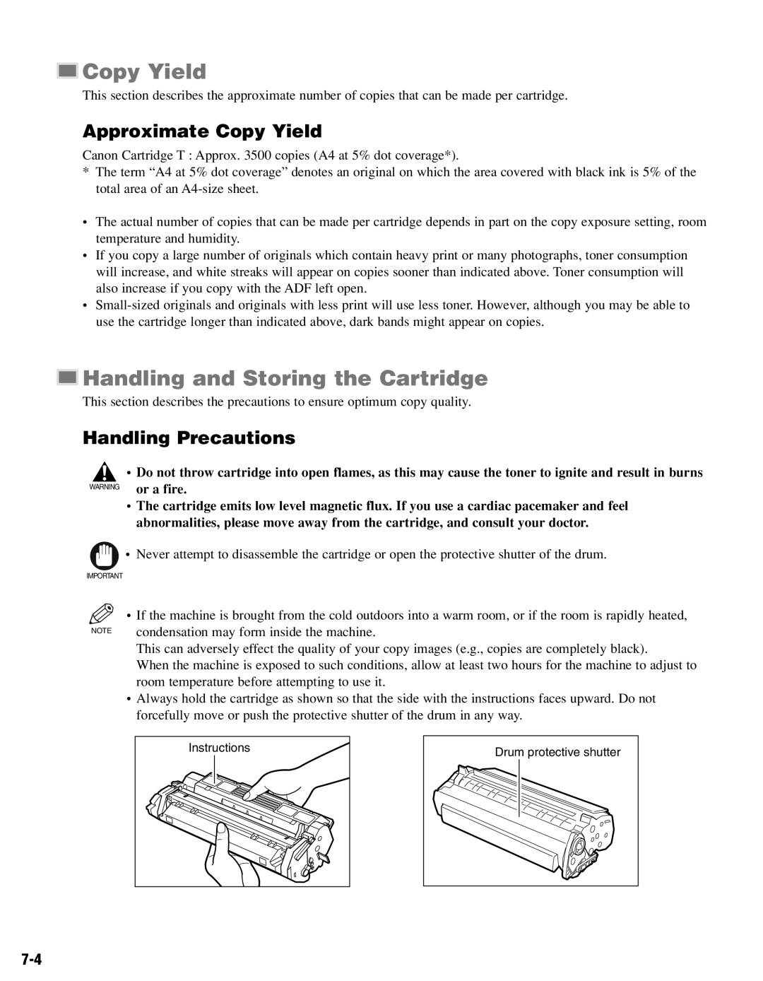 Canon PC-D320, PC-D340 manual Handling and Storing the Cartridge, Approximate Copy Yield, Handling Precautions 