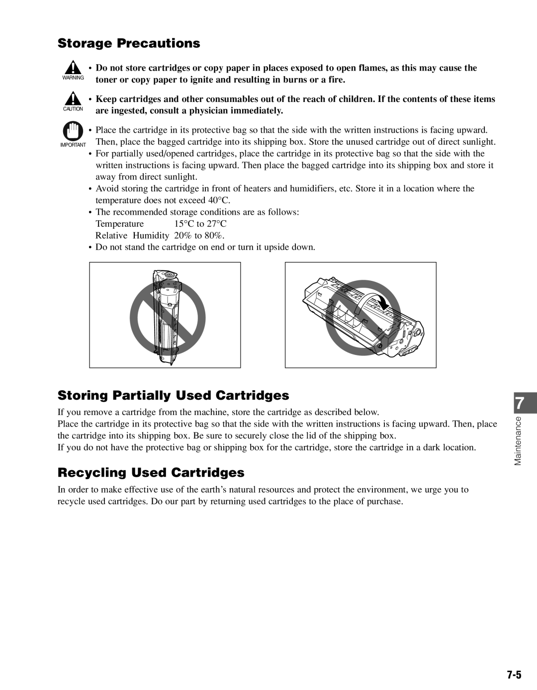 Canon PC-D340, PC-D320 manual Storage Precautions, Storing Partially Used Cartridges, Recycling Used Cartridges 