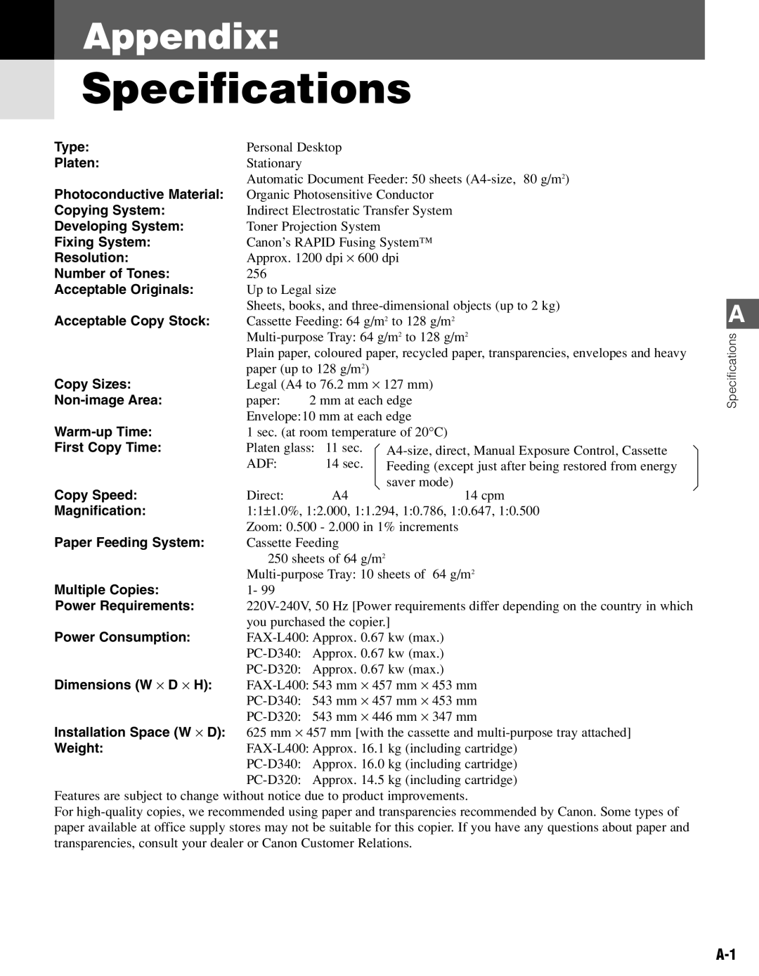 Canon PC-D340, PC-D320 manual Specifications 