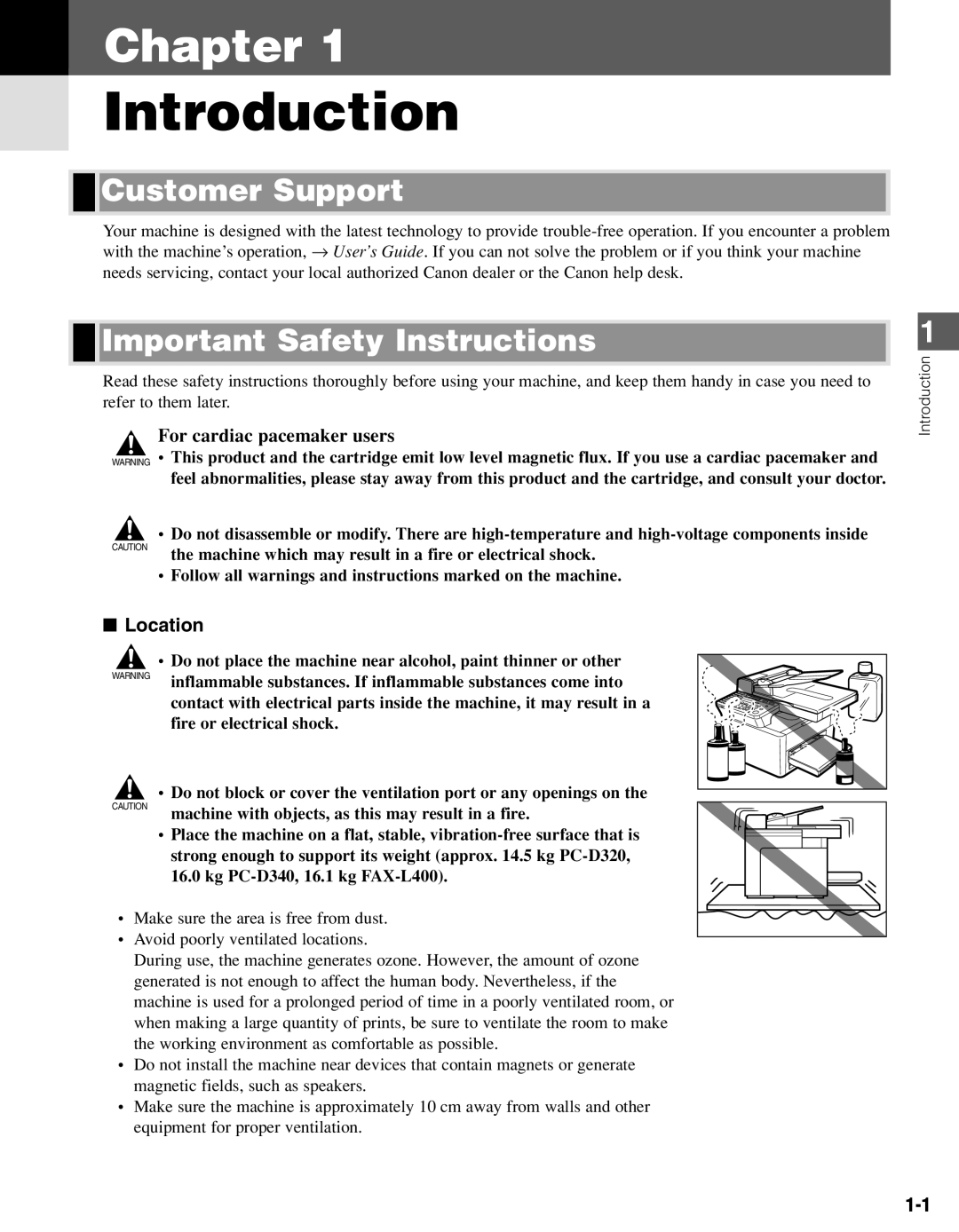 Canon PC-D340, PC-D320 manual Introduction, Customer Support, Important Safety Instructions, Location 