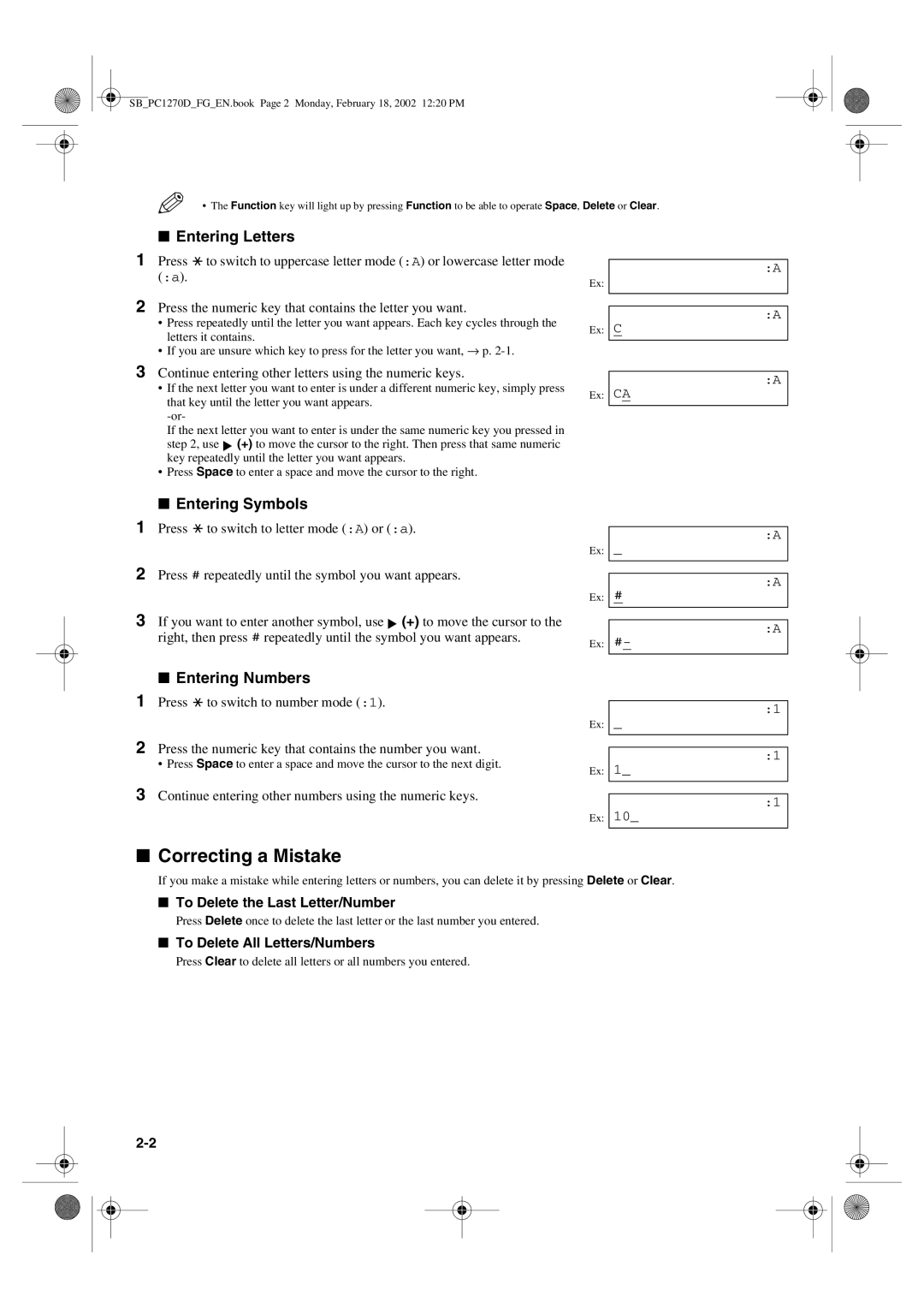 Canon PC1270D Correcting a Mistake, Continue entering other letters using the numeric keys, To Delete All Letters/Numbers 