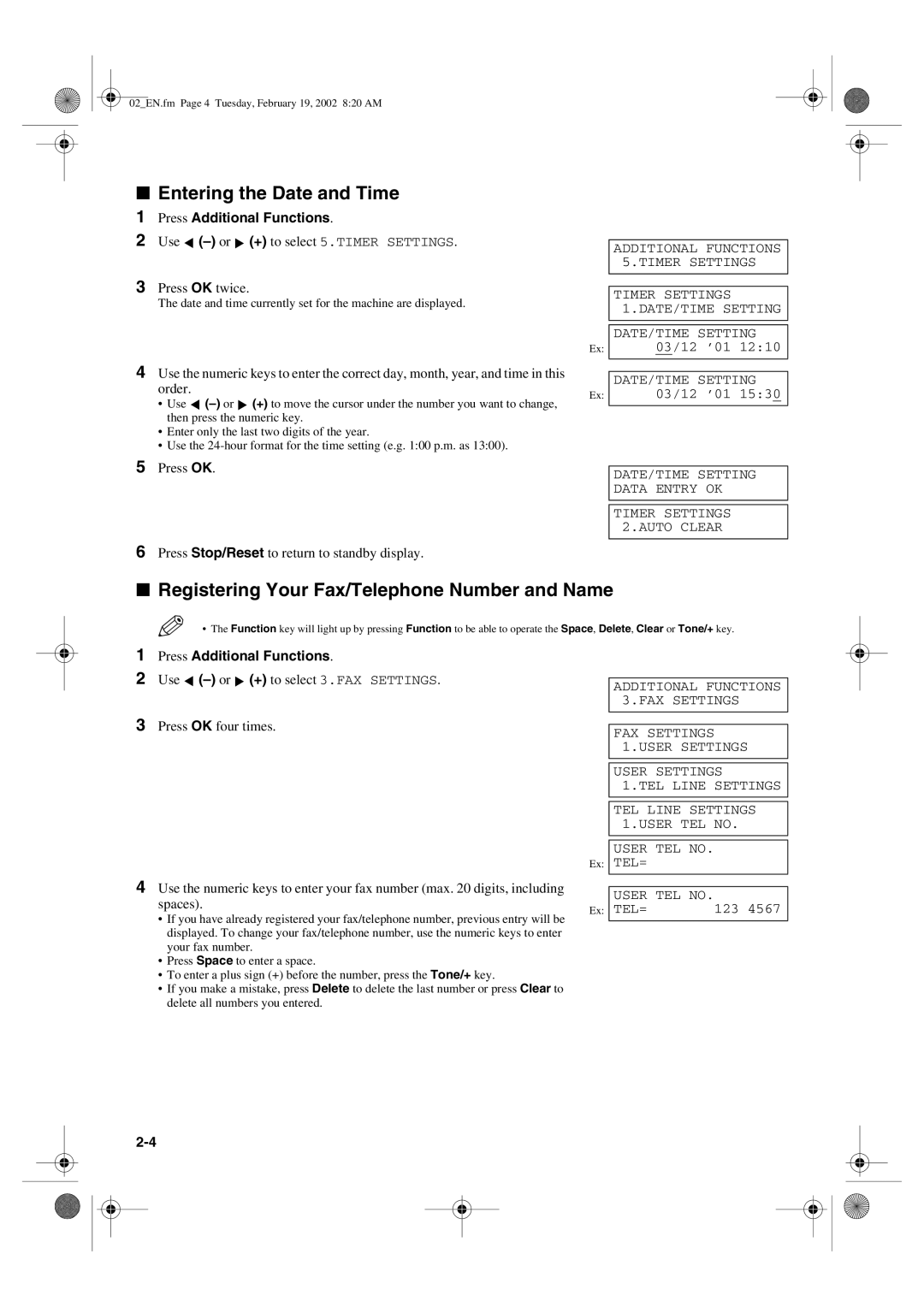 Canon PC1270D manual Entering the Date and Time, Registering Your Fax/Telephone Number and Name, Press Additional Functions 