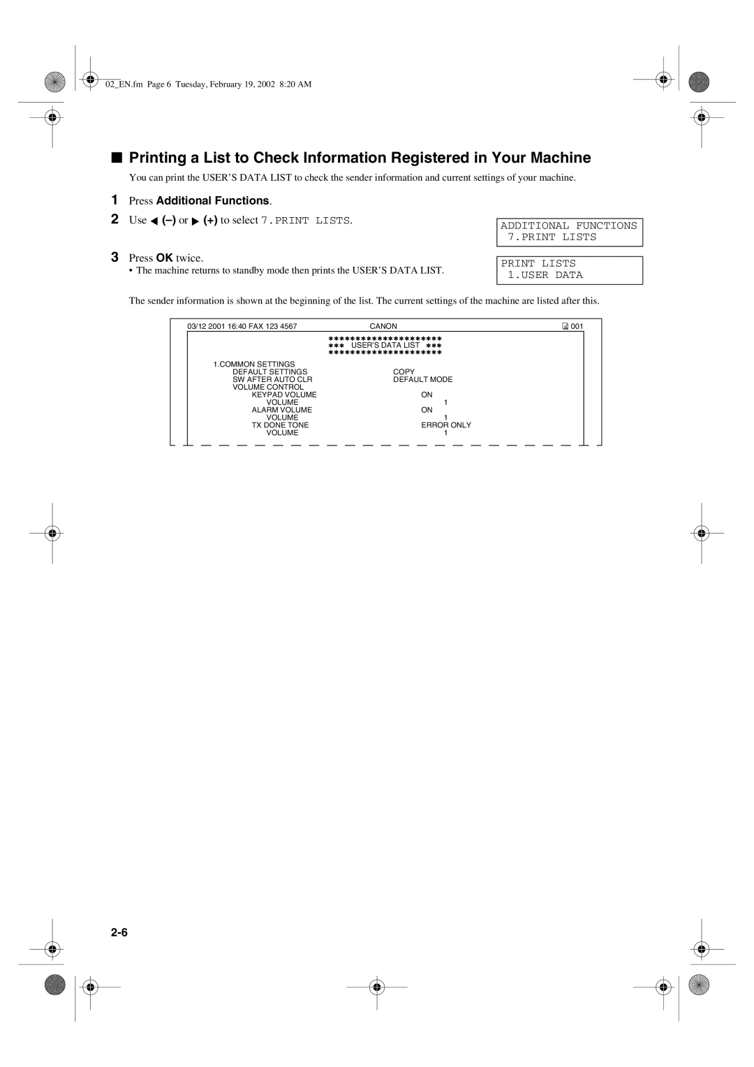 Canon PC1270D Use -or + to select 7.PRINT Lists Press OK twice, Additional Functions 7.PRINT Lists Print Lists 1.USER Data 