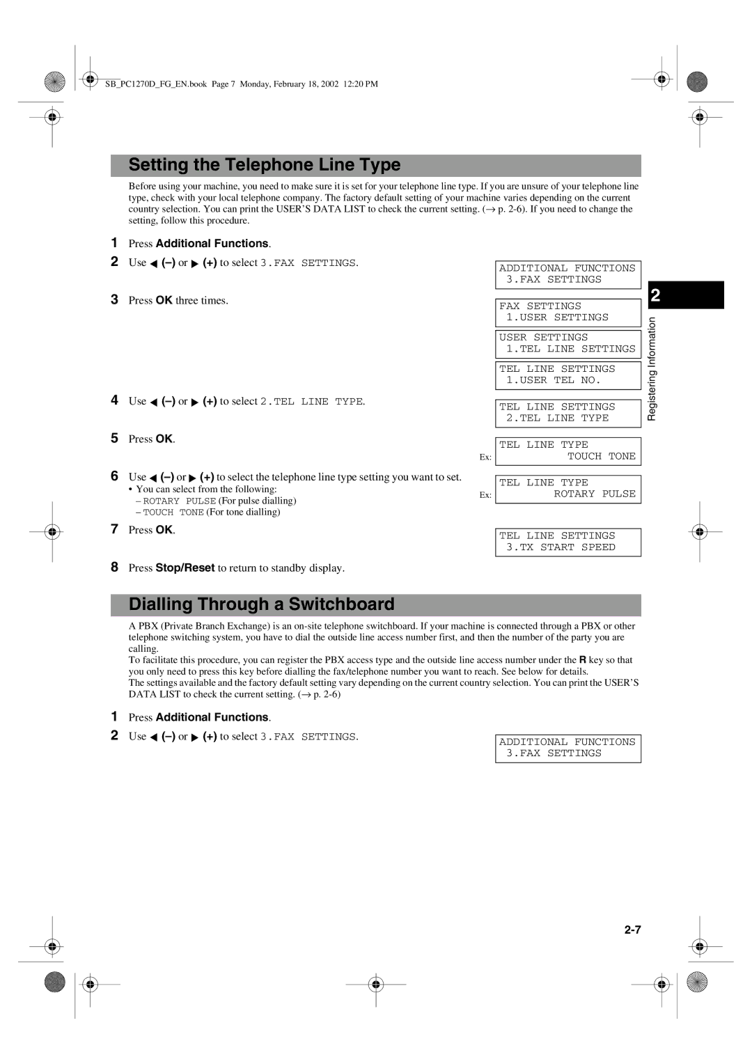 Canon PC1270D manual Setting the Telephone Line Type, Dialling Through a Switchboard, Use -or + to select 3.FAX Settings 