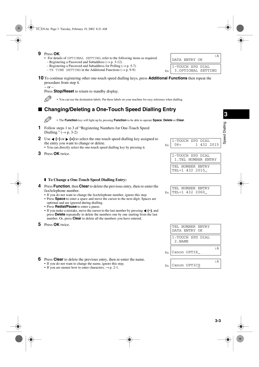 Canon PC1270D manual Changing/Deleting a One-Touch Speed Dialling Entry, To Change a One-Touch Speed Dialling Entry 