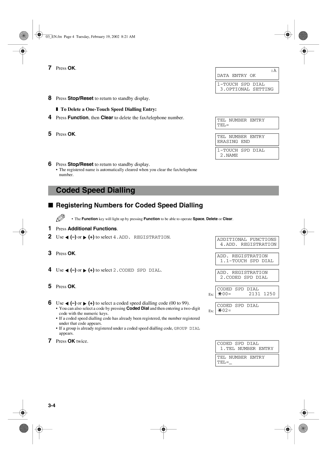 Canon PC1270D manual Registering Numbers for Coded Speed Dialling, To Delete a One-Touch Speed Dialling Entry 