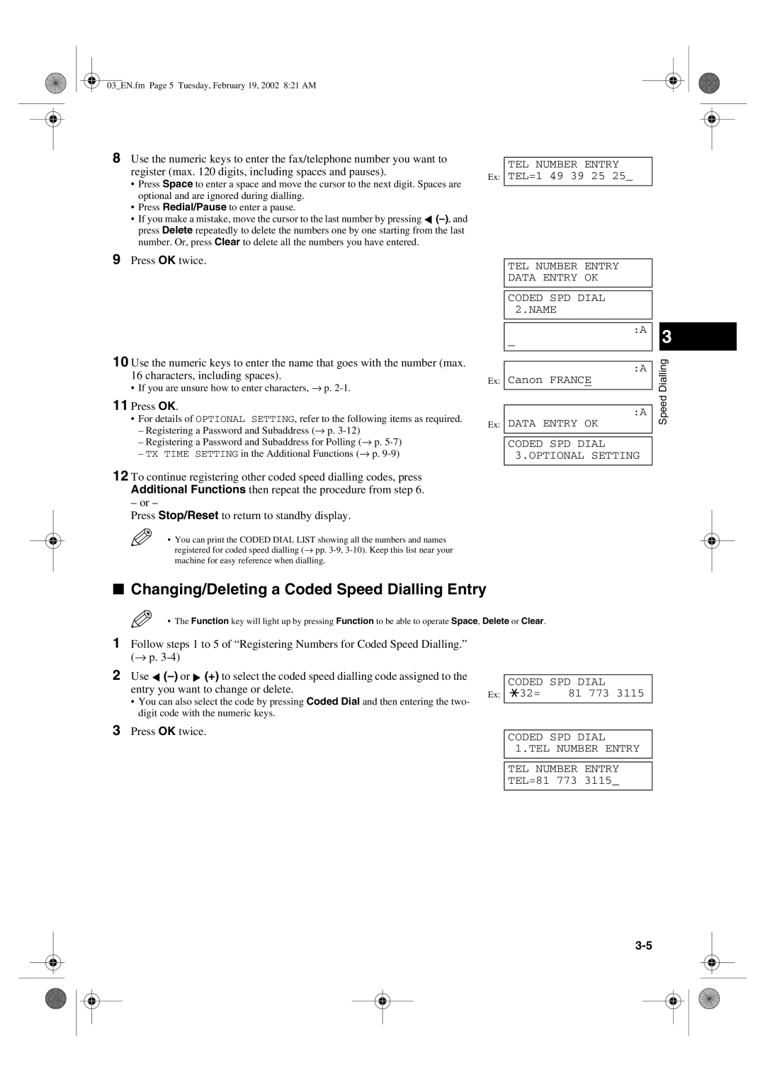 Canon PC1270D manual Changing/Deleting a Coded Speed Dialling Entry, Digit code with the numeric keys 