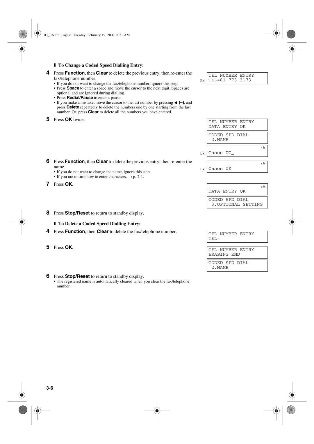 Canon PC1270D manual To Change a Coded Speed Dialling Entry, To Delete a Coded Speed Dialling Entry 