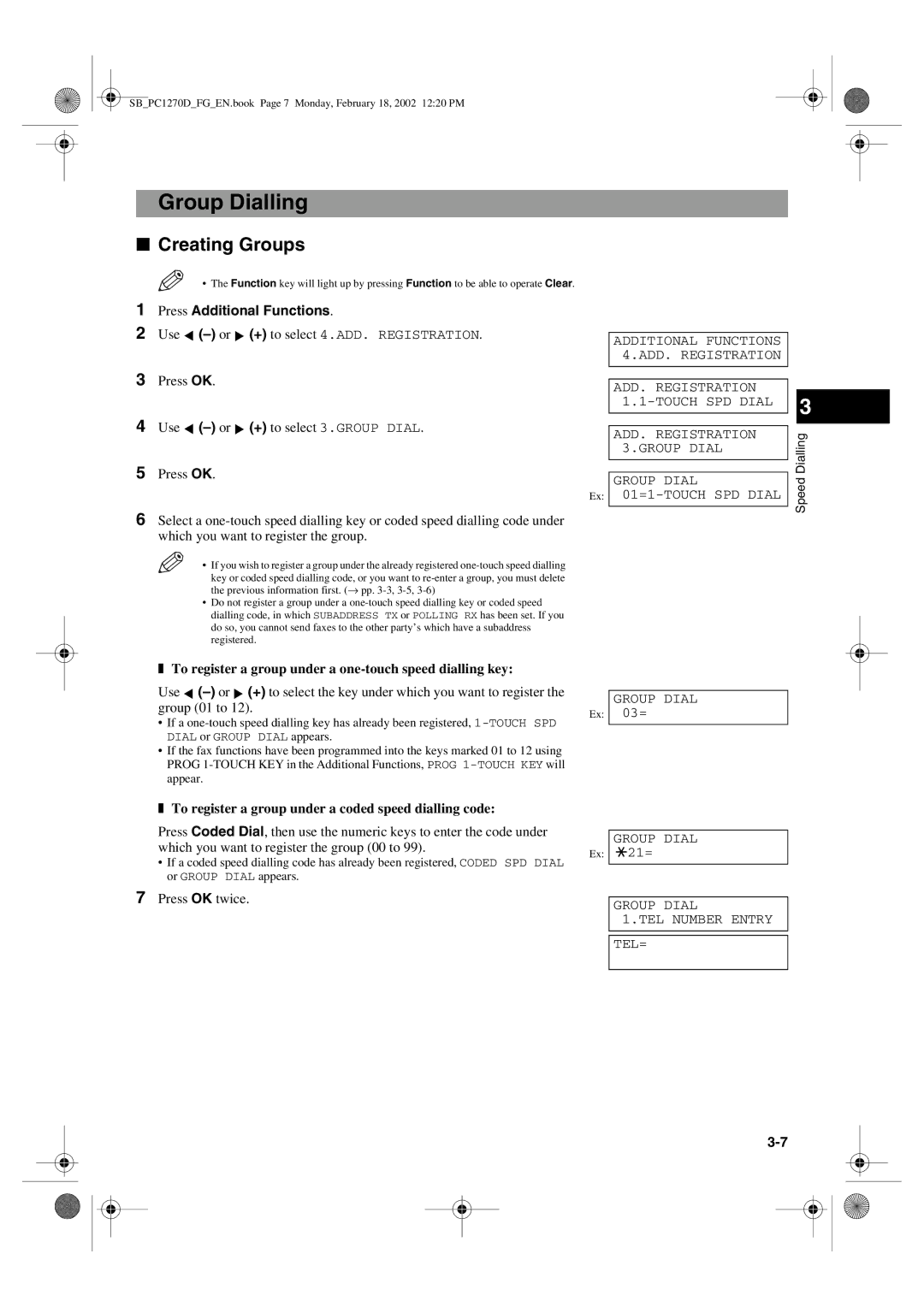 Canon PC1270D manual Group Dialling, Creating Groups, Use -or + to select 3.GROUP Dial 