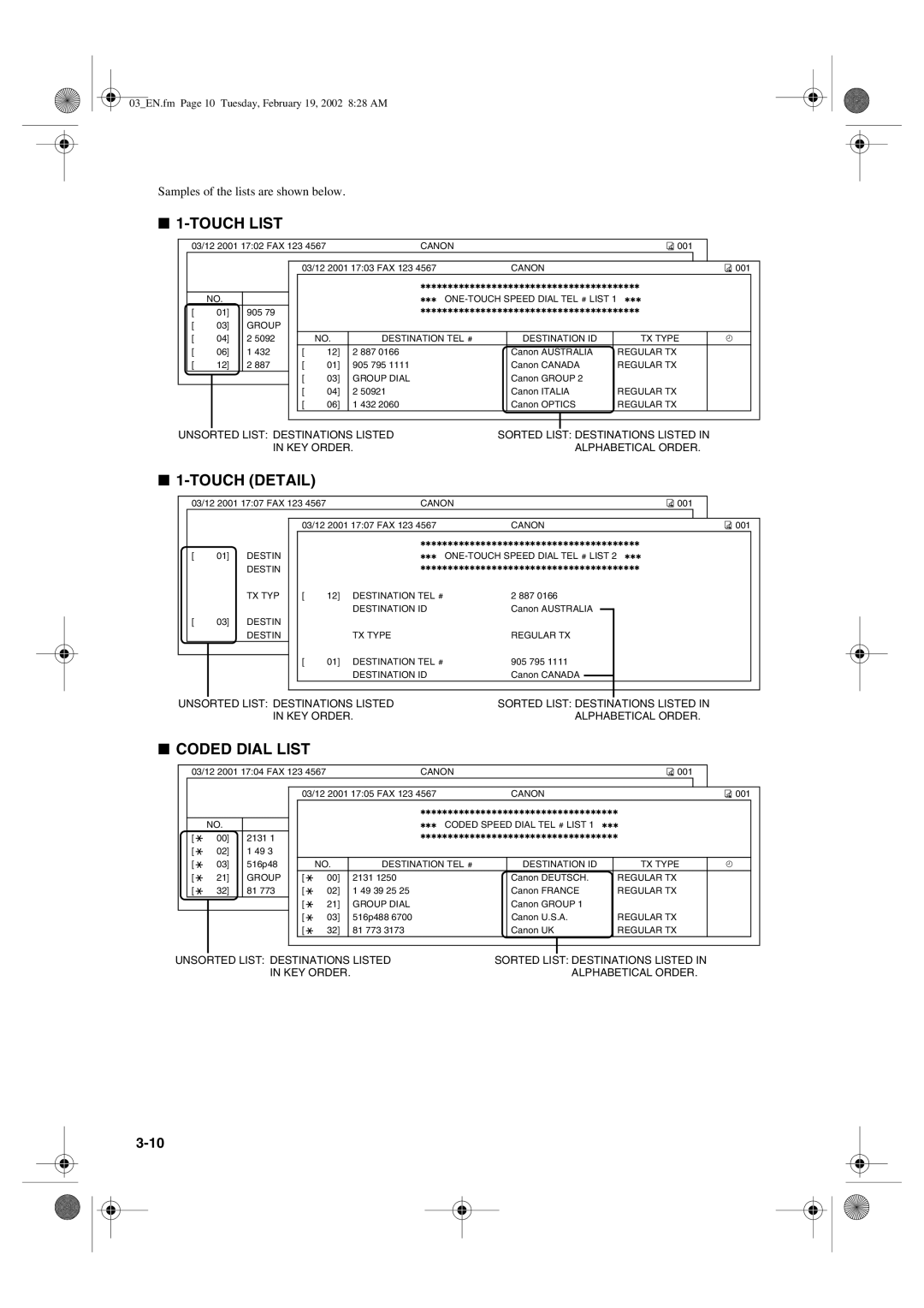 Canon PC1270D manual Touch List, Samples of the lists are shown below 