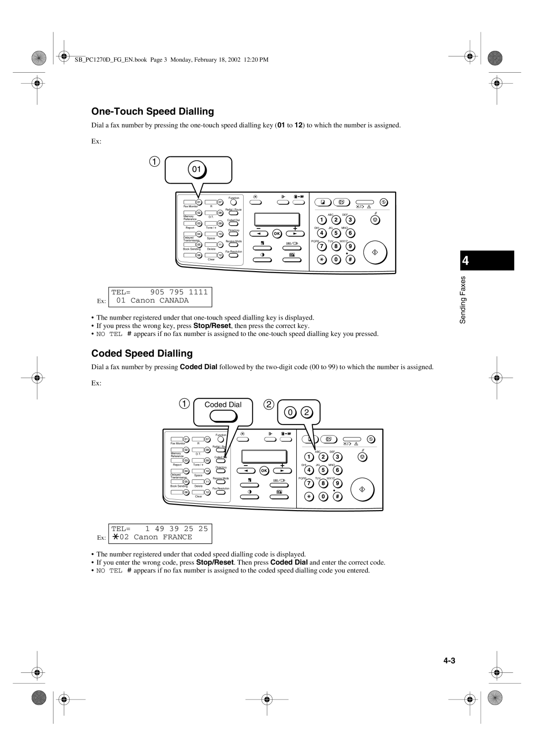 Canon PC1270D manual One-Touch Speed Dialling, Coded Speed Dialling 