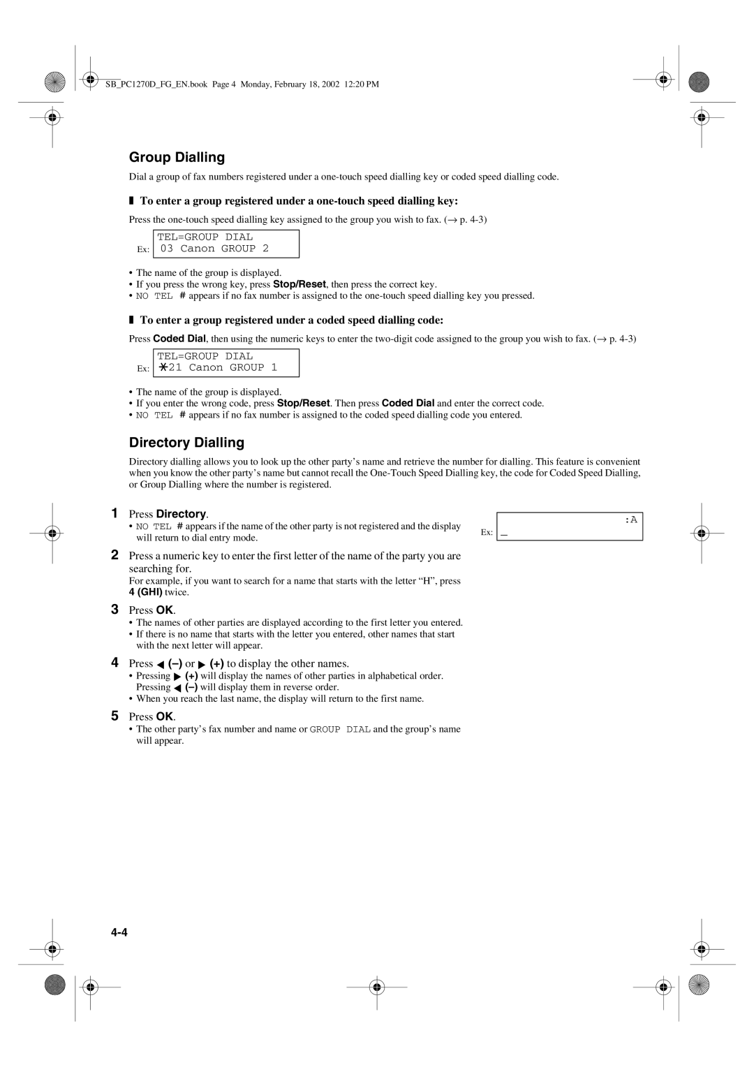 Canon PC1270D manual Group Dialling, Directory Dialling, Press Directory, Press + to display the other names 