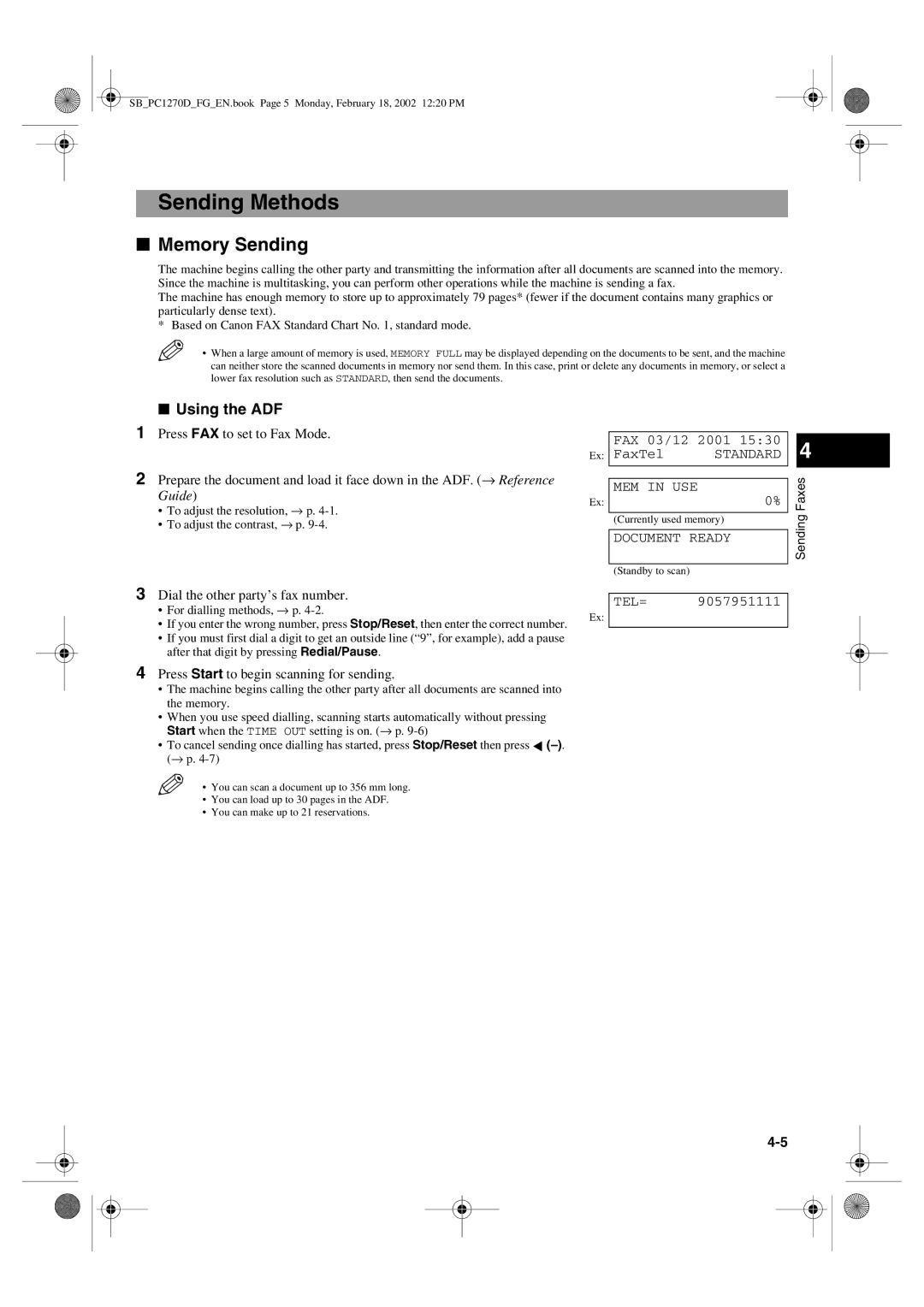 Canon PC1270D manual Sending Methods, Memory Sending, Dial the other party’s fax number 