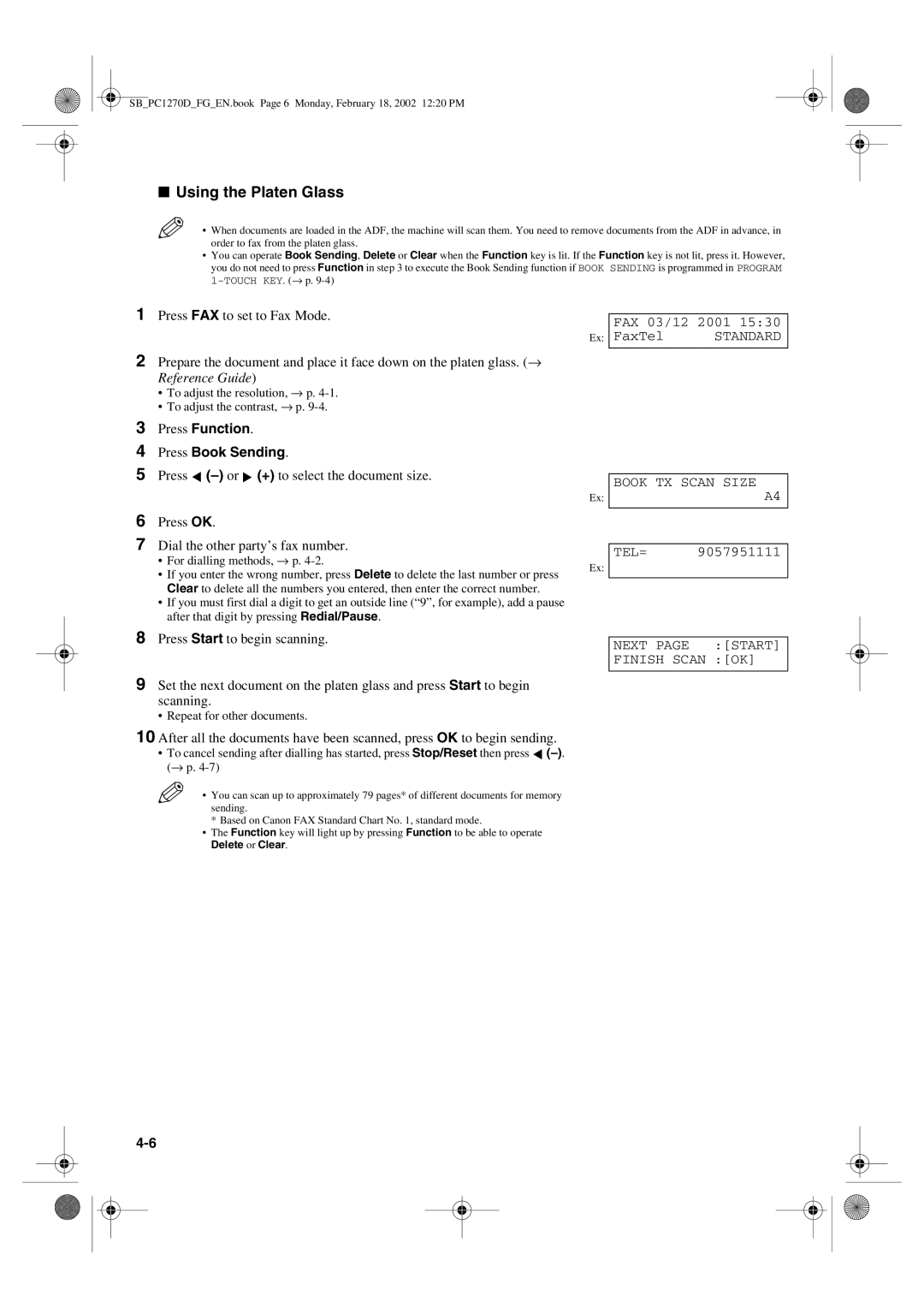 Canon PC1270D Press Function Press Book Sending, Press OK Dial the other party’s fax number, + to select the document size 