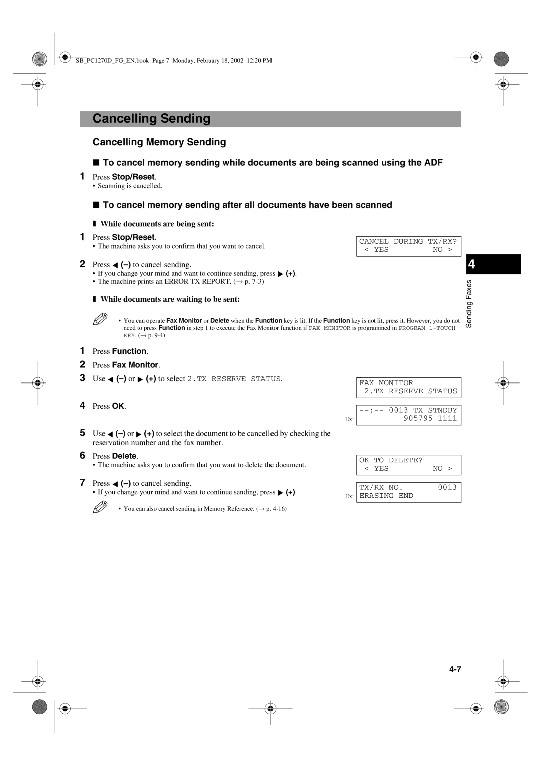 Canon PC1270D manual Cancelling Sending, Cancelling Memory Sending, Press Stop/Reset, Press Function Press Fax Monitor 