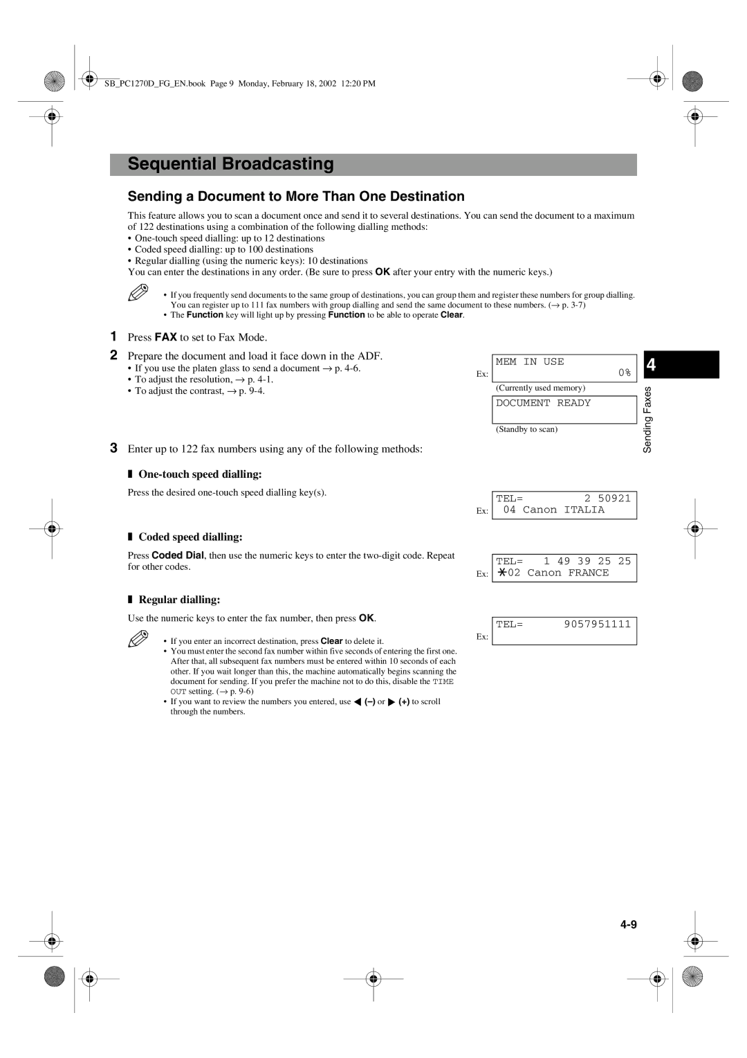 Canon PC1270D manual Sequential Broadcasting, Sending a Document to More Than One Destination, One-touch speed dialling 