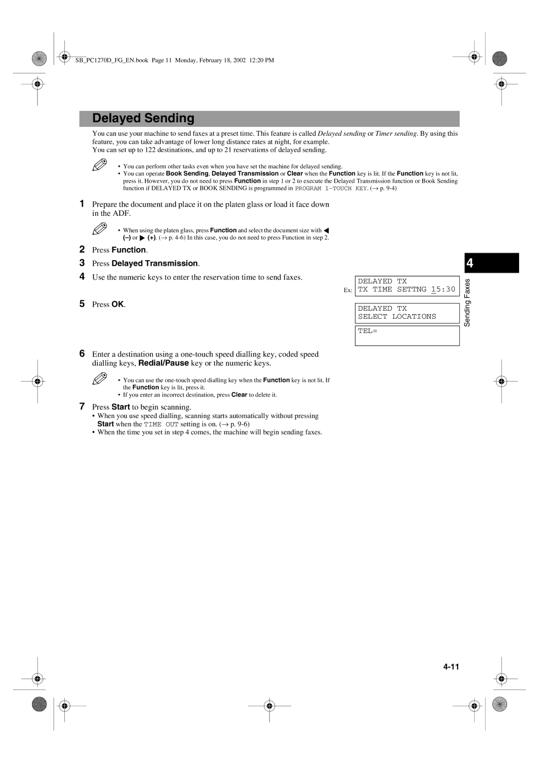 Canon PC1270D manual Delayed Sending, Press Function Press Delayed Transmission, Press Start to begin scanning 