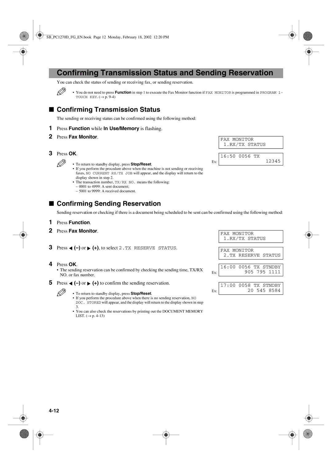 Canon PC1270D manual Confirming Transmission Status and Sending Reservation, Confirming Sending Reservation 