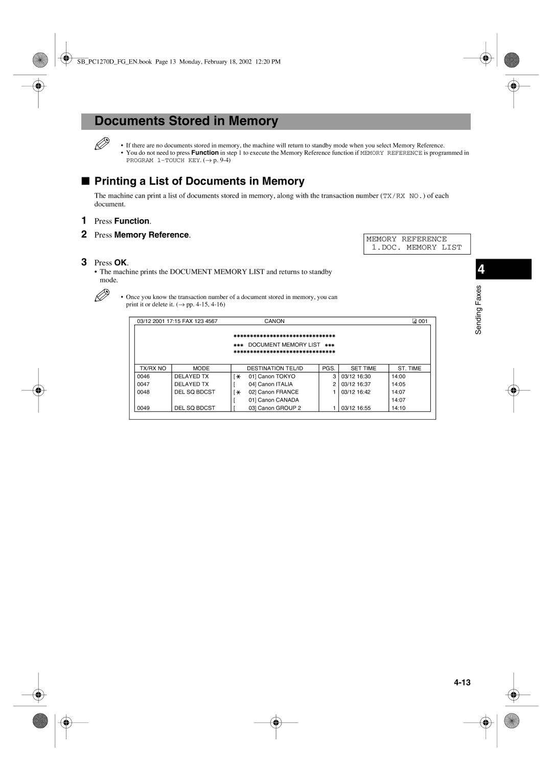 Canon PC1270D Documents Stored in Memory, Printing a List of Documents in Memory, Press Function Press Memory Reference 