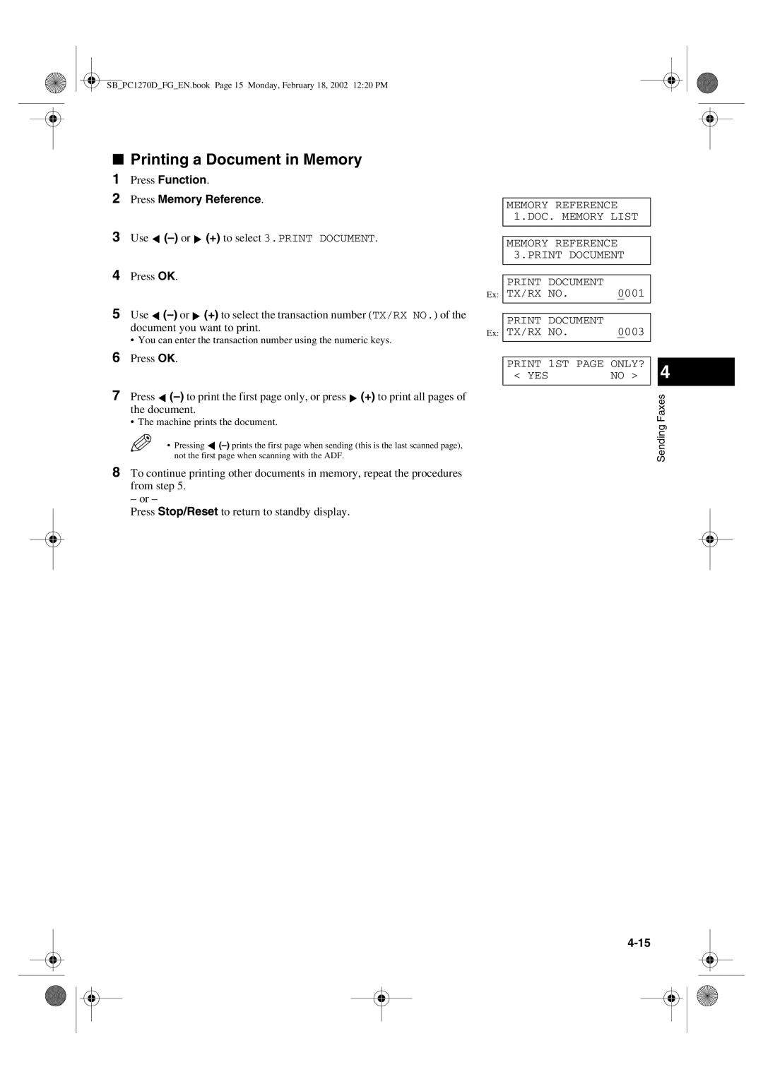 Canon PC1270D manual Printing a Document in Memory, You can enter the transaction number using the numeric keys 