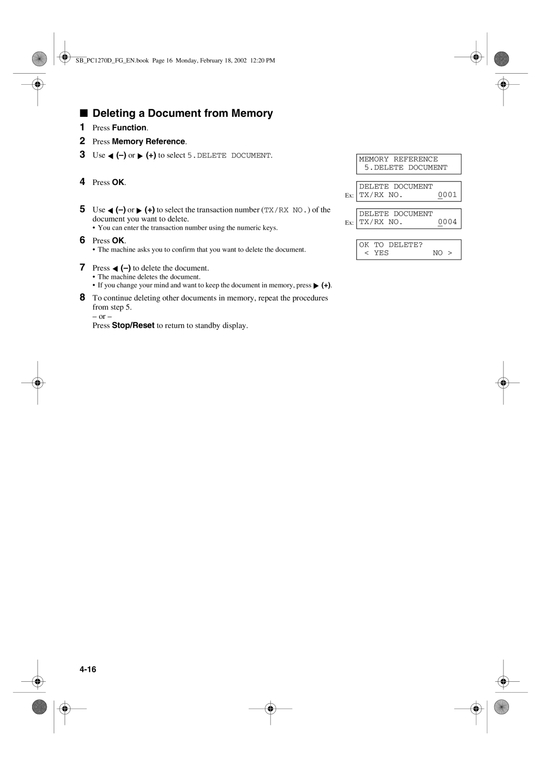 Canon PC1270D manual Deleting a Document from Memory, Press -to delete the document, Machine deletes the document 