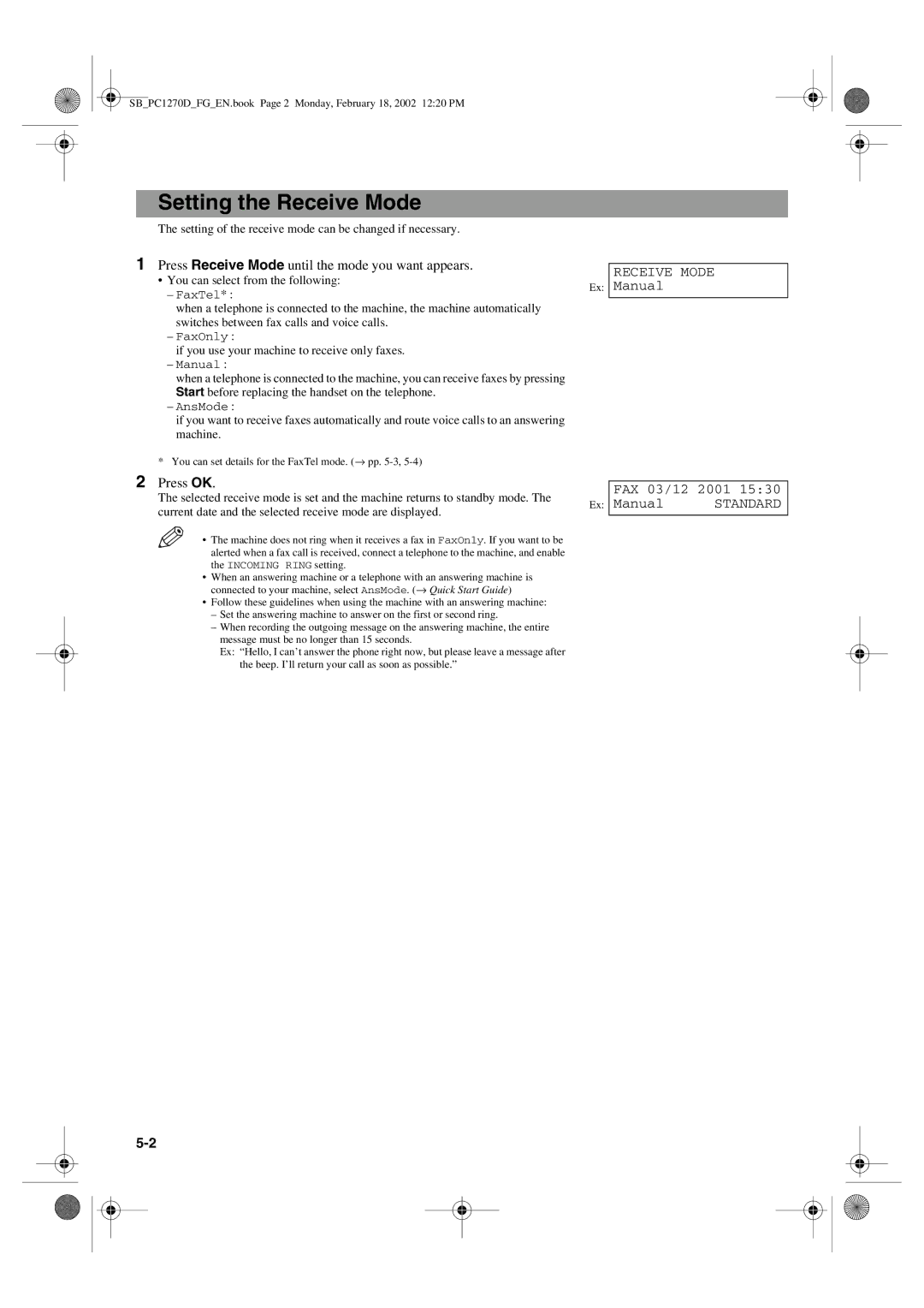 Canon PC1270D manual Setting the Receive Mode, Press Receive Mode until the mode you want appears 