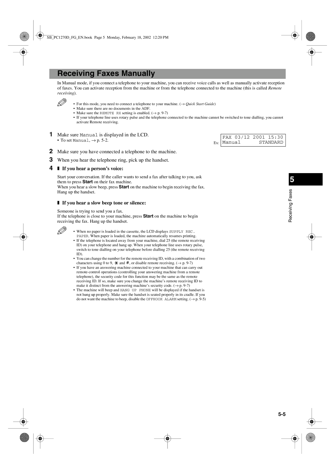 Canon PC1270D manual Receiving Faxes Manually, Make sure Manual is displayed in the LCD, If you hear a person’s voice 