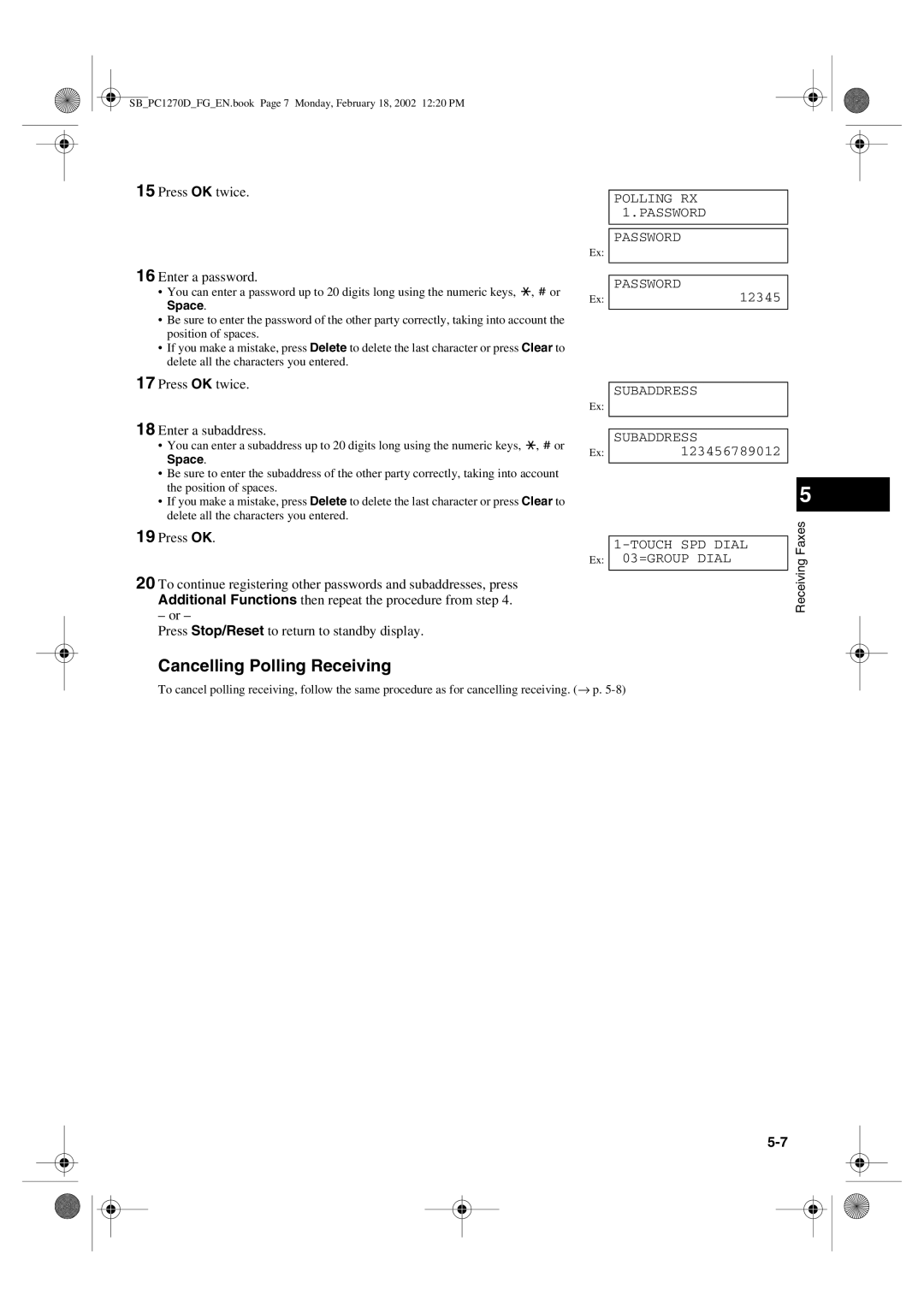 Canon PC1270D manual Cancelling Polling Receiving, Press OK twice Enter a password 