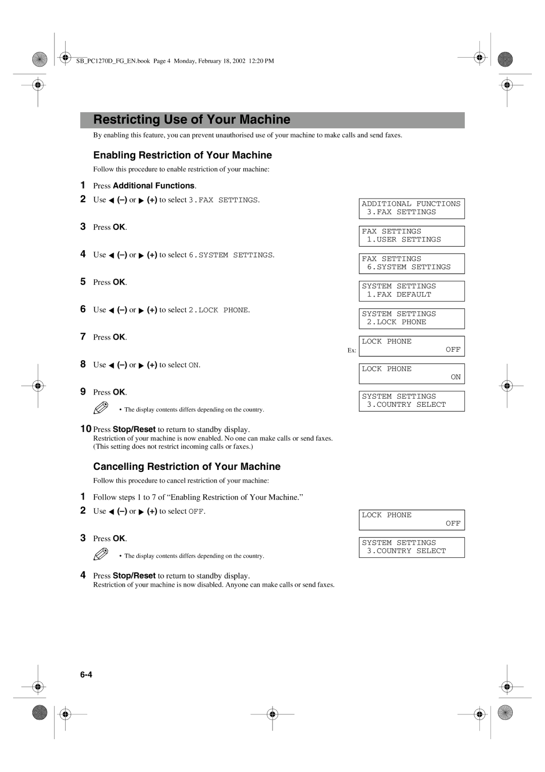 Canon PC1270D manual Restricting Use of Your Machine, Enabling Restriction of Your Machine, Use -or Press OK 