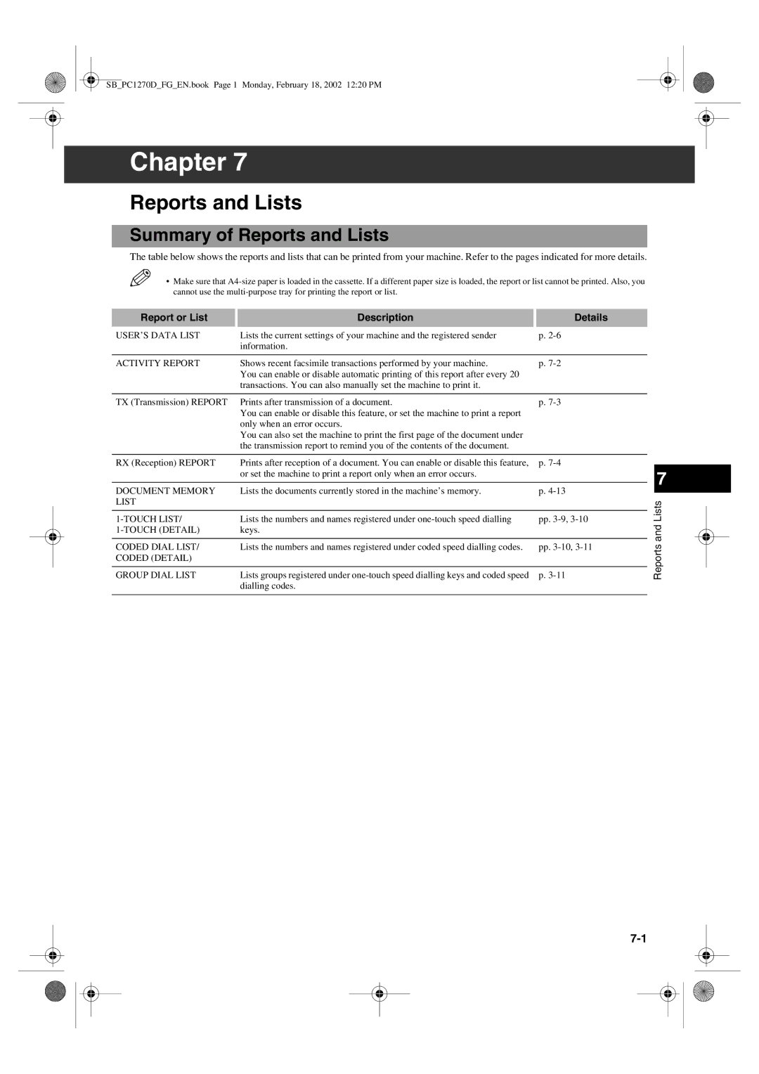 Canon PC1270D manual Summary of Reports and Lists 