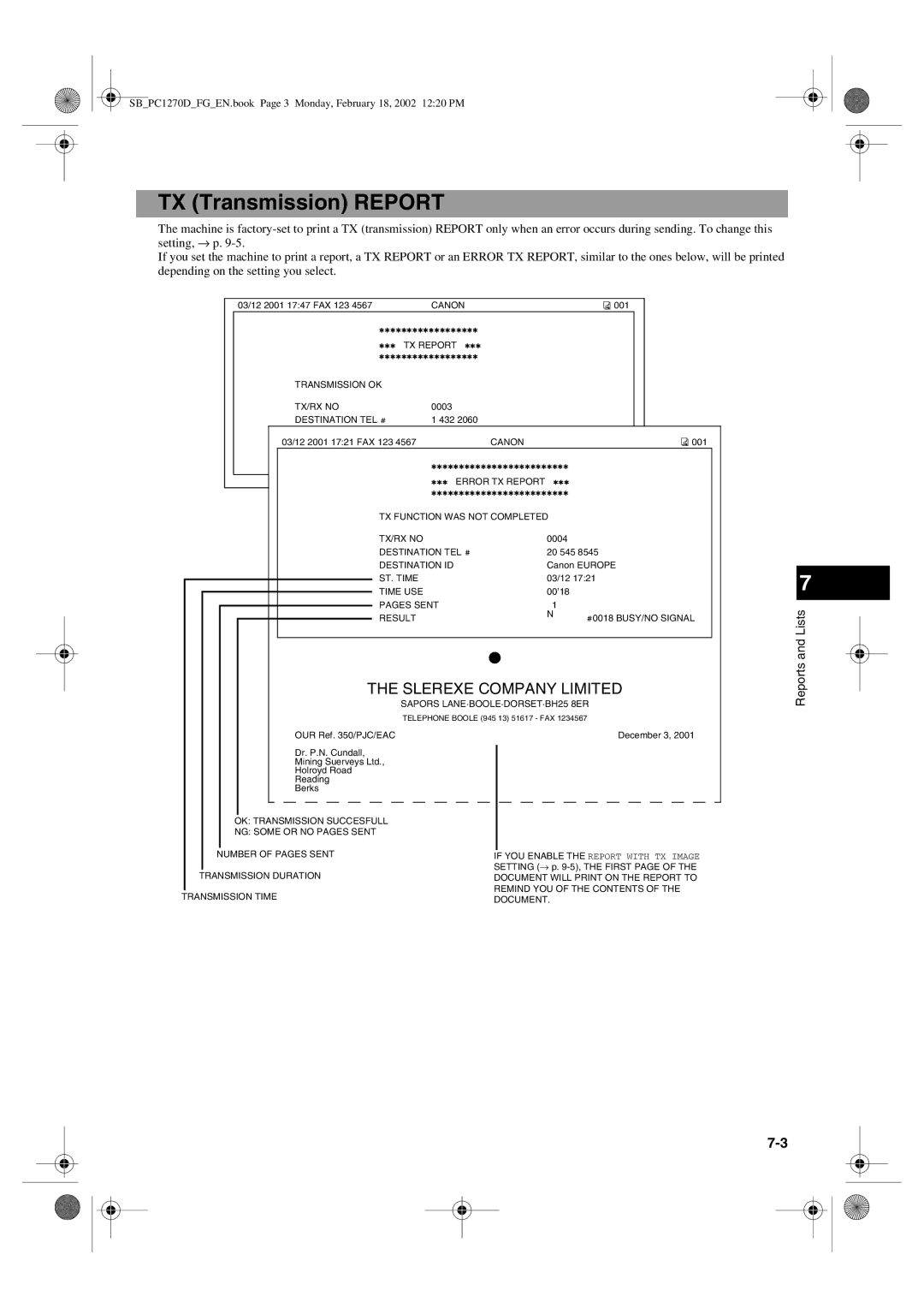 Canon PC1270D manual TX Transmission Report, Slerexe Company Limited 