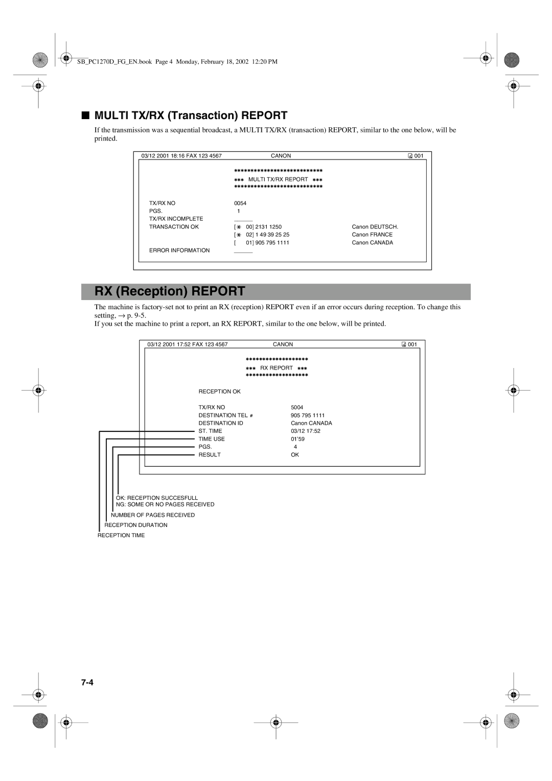 Canon PC1270D manual RX Reception Report, Multi TX/RX Transaction Report 