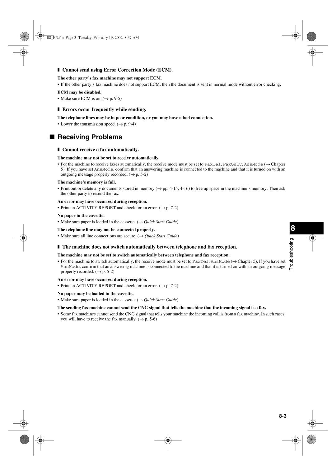 Canon PC1270D manual Receiving Problems, Cannot send using Error Correction Mode ECM, Errors occur frequently while sending 