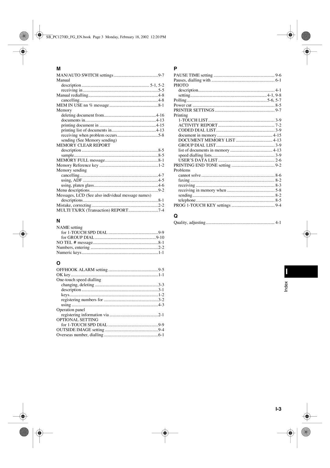 Canon PC1270D manual Manual, Sending See Memory sending, Messages, LCD See also individual message names, Name setting 