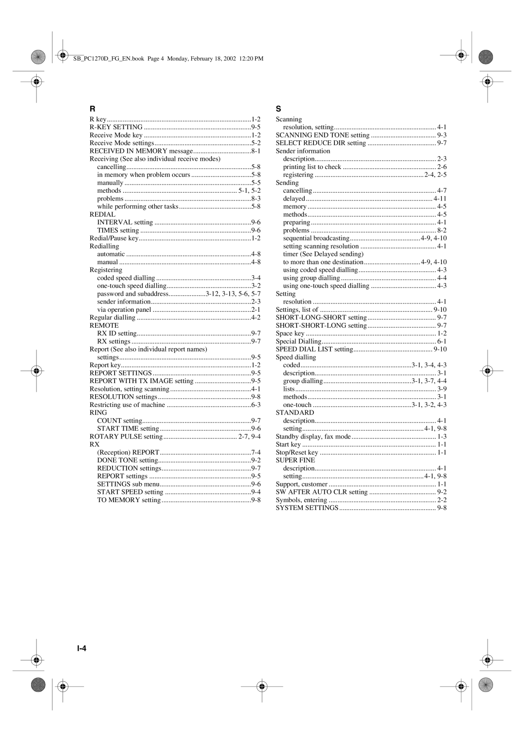 Canon PC1270D Receiving See also individual receive modes, Registering, Report See also individual report names, Scanning 