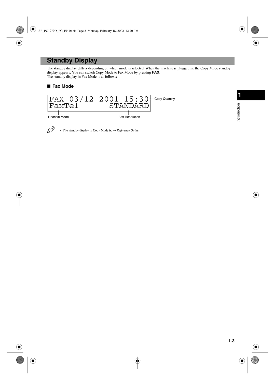 Canon PC1270D manual FAX 03/12 2001 FaxTel Standard, Standby Display 