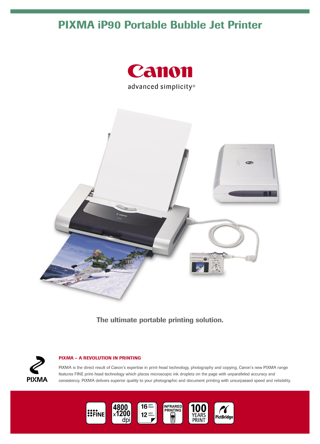 Canon PIXMA iP90 manual Pixma iP90 Portable Bubble Jet Printer, Pixma a Revolution in Printing 