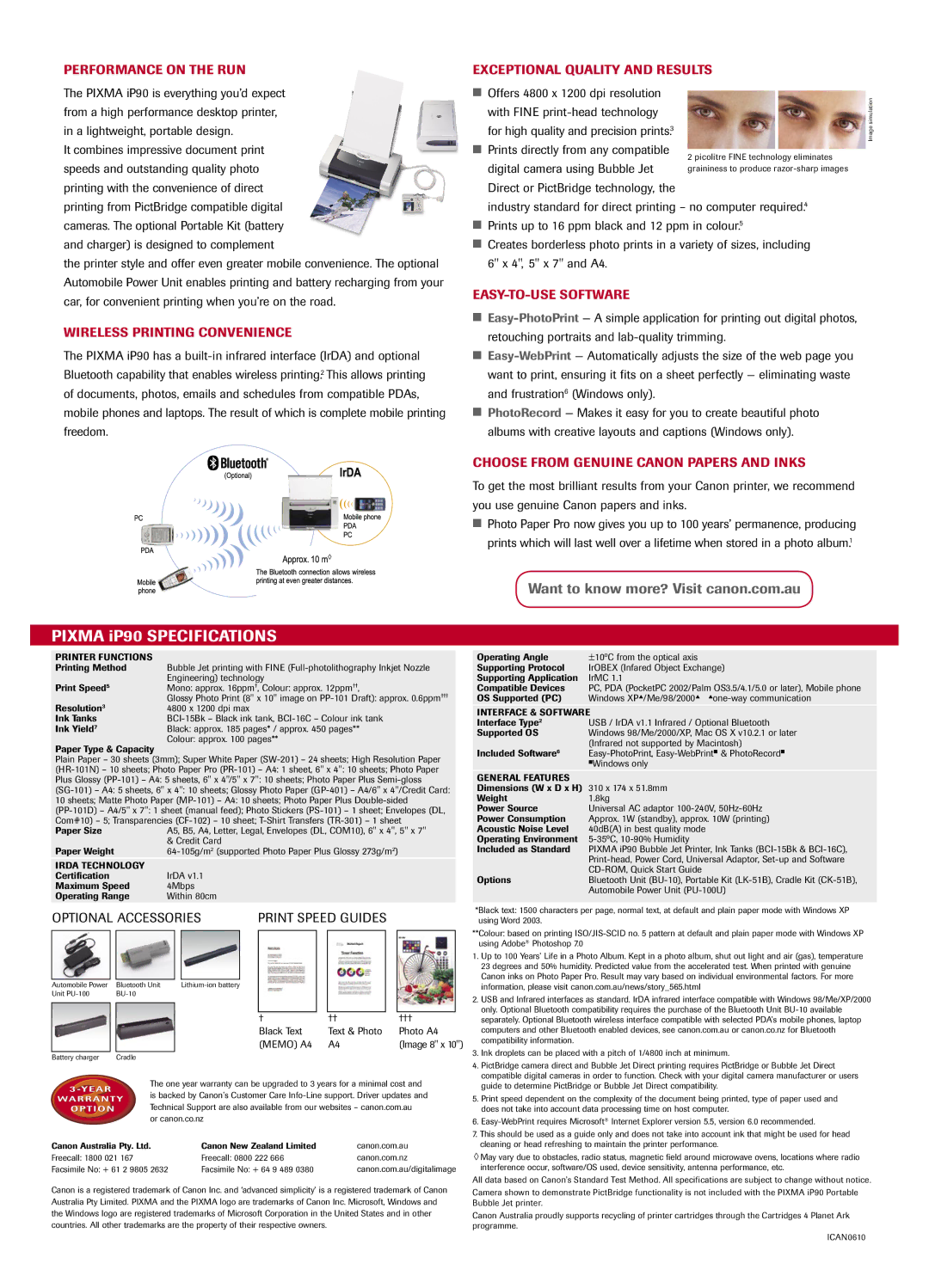 Canon PIXMA iP90 manual Performance on the RUN, Wireless Printing Convenience, Exceptional Quality and Results 