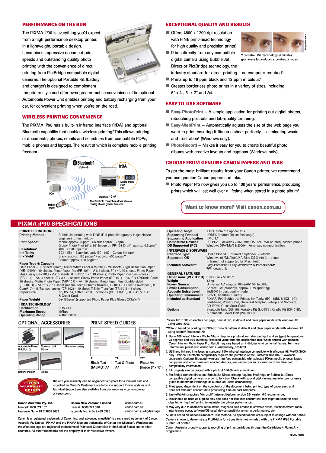 Canon PIXMA iP90 manual Performance On The Run, Wireless Printing Convenience, Exceptional Quality And Results 