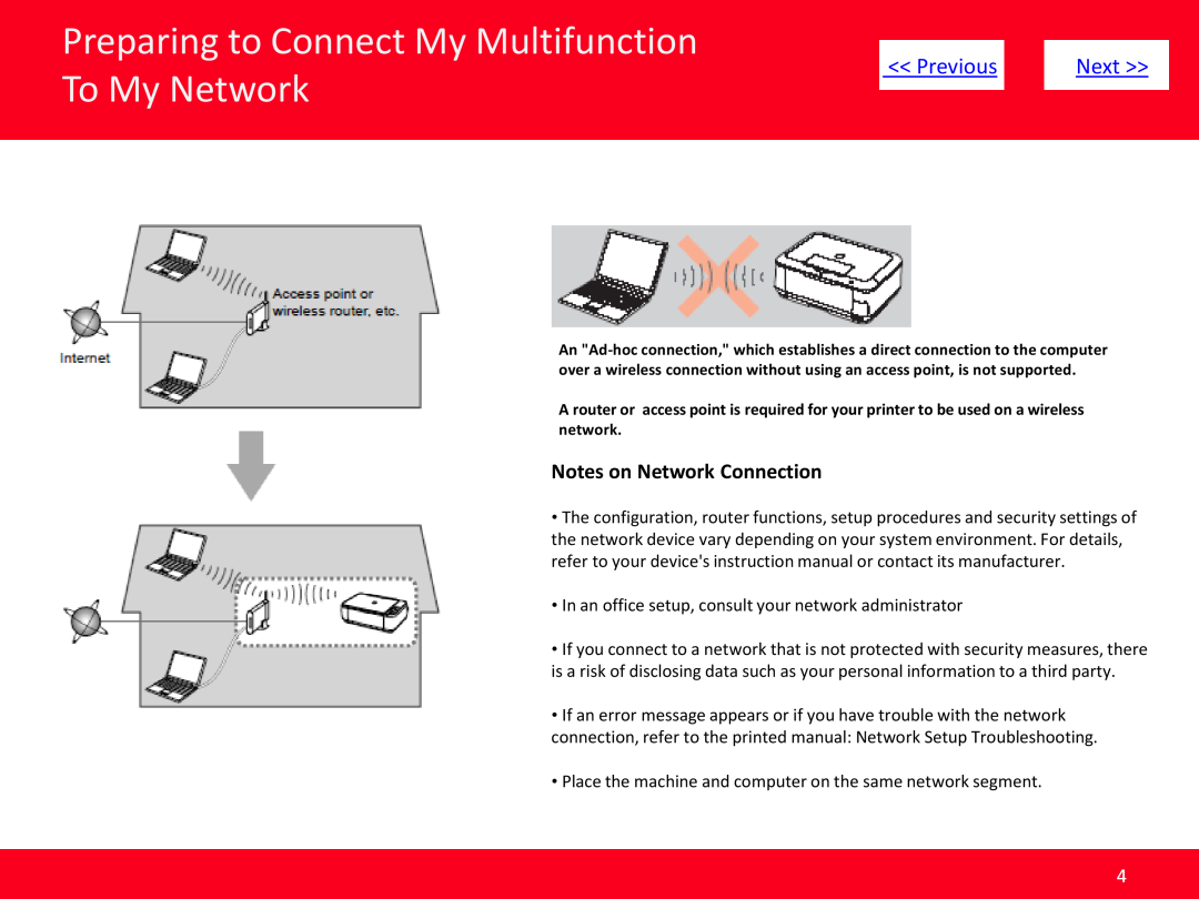 Canon PIXMA MG5420 manual Preparing to Connect My Multifunction To My Network, Previous, Next, Notes on Network Connection 