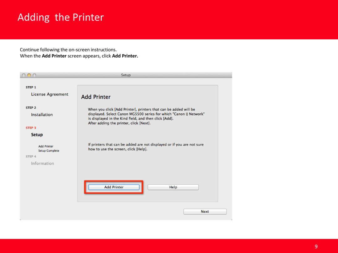 Canon PIXMA MG5520 manual Adding the Printer, Continue following the on-screen instructions 