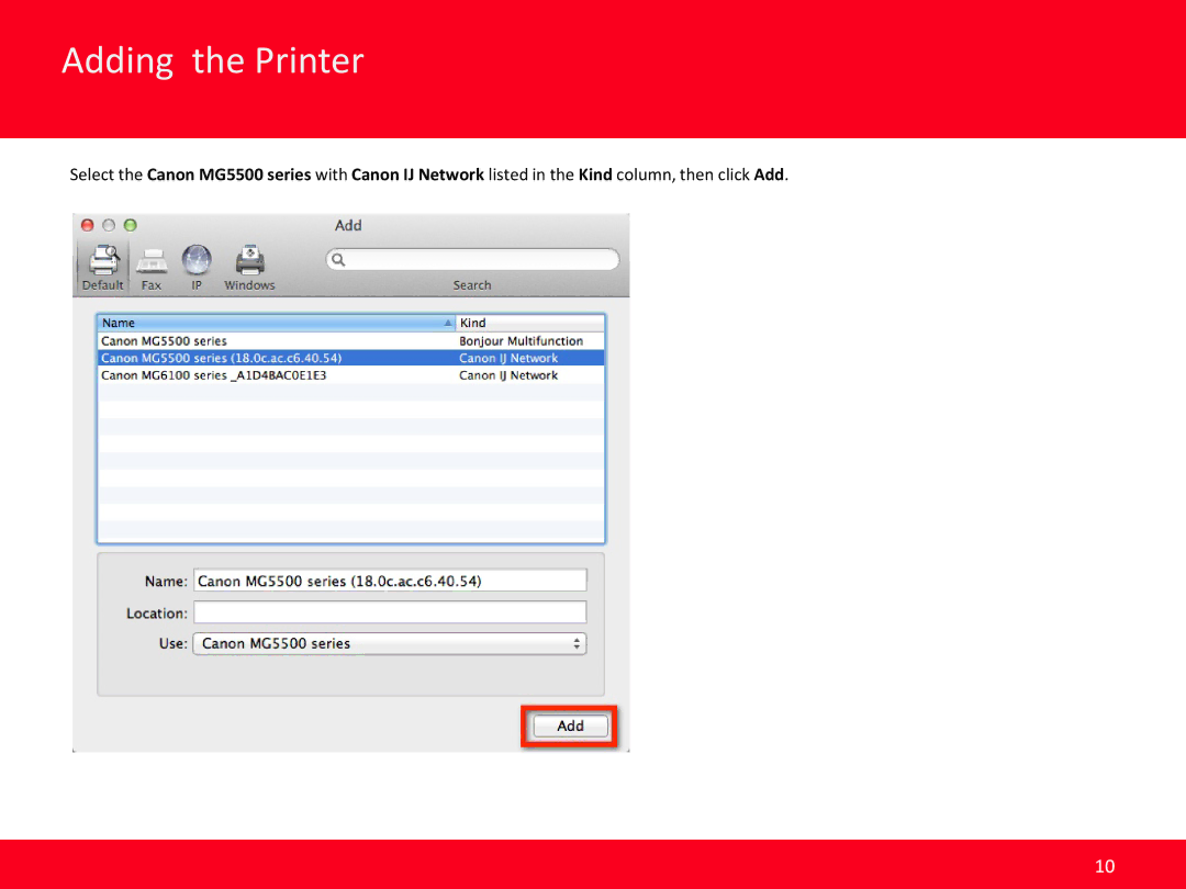 Canon PIXMA MG5520 manual Adding the Printer 