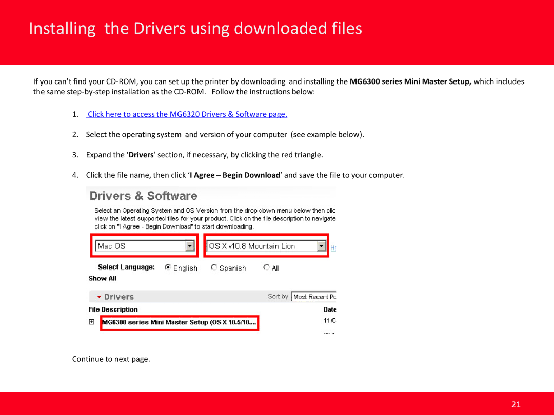 Canon PIXMA MG6320 manual Installing the Drivers using downloaded files, Previous 