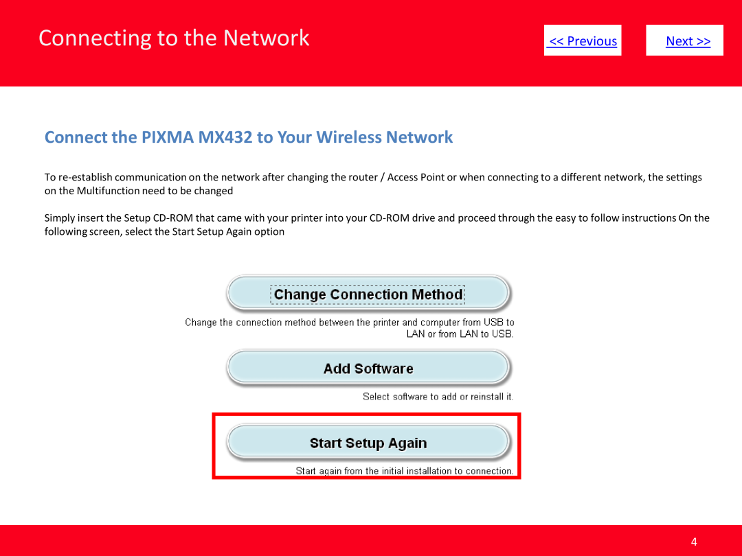 Canon manual Connecting to the Network, Connect the PIXMA MX432 to Your Wireless Network, Previous, Next 