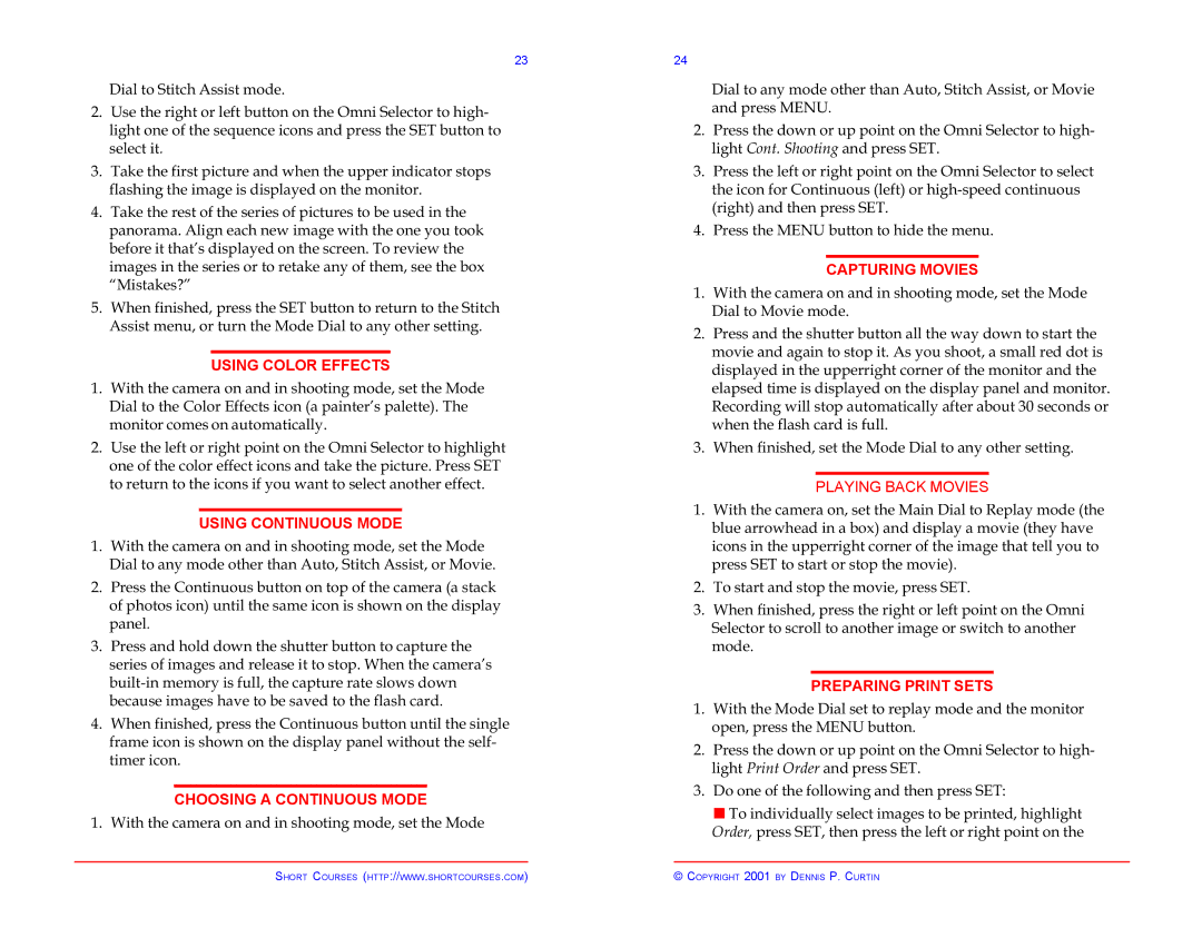 Canon Pocket Guide G2 manual Using Color Effects, Using Continuous Mode, Choosing a Continuous Mode, Capturing Movies 