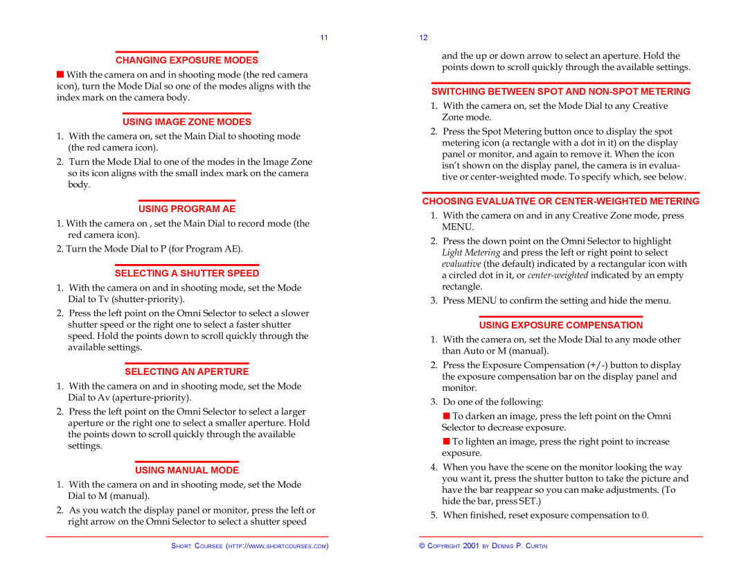 Canon Pocket Guide G2 manual Changing Exposure Modes, Using Image Zone Modes, Using Program AE, Selecting a Shutter Speed 