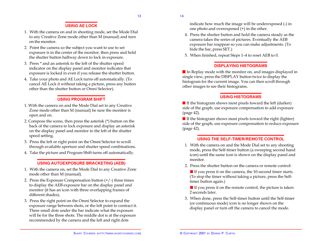 Canon Pocket Guide G2 manual Using AE Lock, Using Program Shift, Using Autoexposure Bracketing AEB, Displaying Histograms 