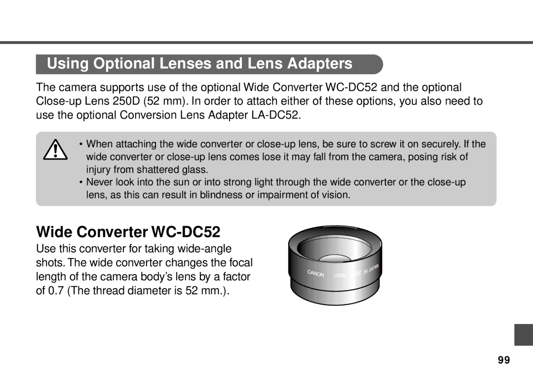 Canon PowerShot A20, PowerShot A10 manual Using Optional Lenses and Lens Adapters, Wide Converter WC-DC52 